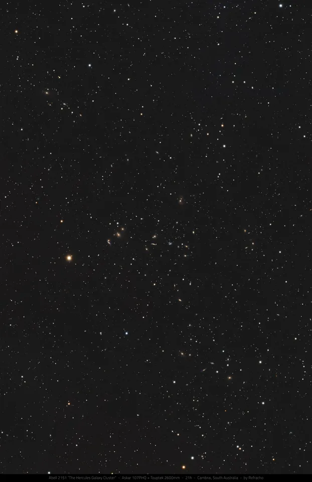 Abell 2151, the Hercules Galaxy Cluster, showing hundreds of distant galaxies captured through deep-sky astrophotography.