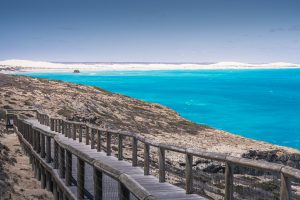 Wooden boardwalk overlooking turquoise waters at Head of Bight, with coastal scrubland and the Southern Ocean stretching toward the white sand dunes of the Nullarbor Plain.