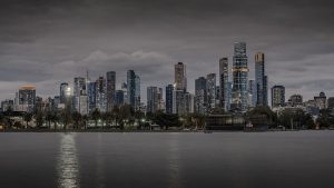 Melbourne Skyline at Night from Albert Park – Cityscape Photography Australia Melbourne skyline at night from Albert Park with city lights and water reflections in Victoria Australia