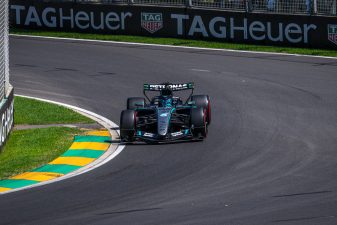 George Russell driving Mercedes Formula 1 car through corner