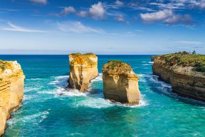 Limestone sea stacks known as Tom and Eva at Loch Ard Gorge in Victoria, Australia