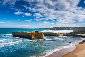 Rock platforms and ocean waves near Loch Ard Gorge on the Great Ocean Road