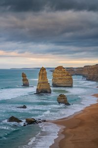 Dark storm clouds over the Twelve Apostles on the Great Ocean Road in Australia