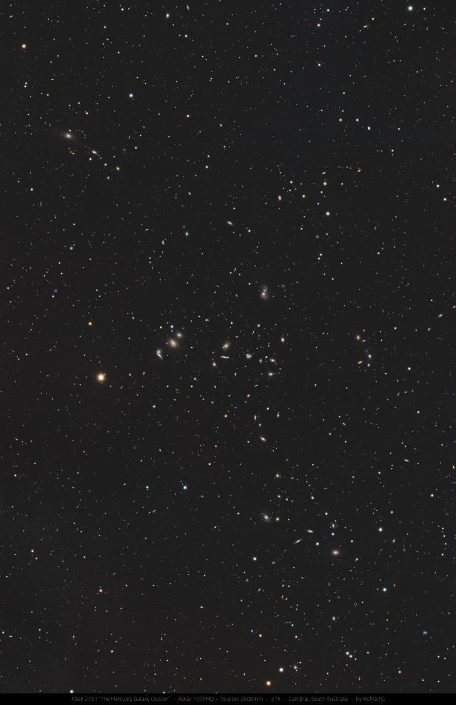 Abell 2151, the Hercules Galaxy Cluster, showing hundreds of distant galaxies captured through deep-sky astrophotography.