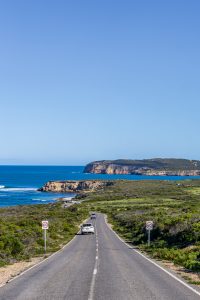 Scenic Coastal Road in Innes National Park Scenic coastal road winding through Innes National Park with Cape Spencer cliffs and the Southern Ocean in the distance.