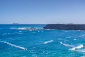 West Cape Lookout, Innes National Park Ocean panorama from West Cape Lookout featuring turquoise water, rugged cliffs and powerful surf in Innes National Park.