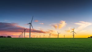 Sunset Over the Yorke Peninsula Wind Farm Wind turbines standing above lush green farmland at sunset on the Yorke Peninsula, South Australia.