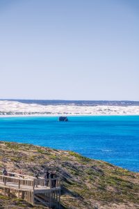 Coastal view from Head of Bight overlooking turquoise waters, white sand dunes and a whale watching platform in South Australia